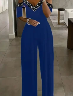Sale Women's Normal Jumpsuit Elegant Geometric Short Sleeve Wide Leg V Neck Patchwork High Waist Party Work Regular Fit Black Wine Blue Summer Women Graphic Jumpsuit