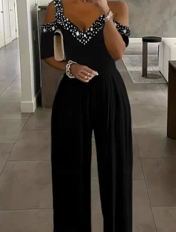 Sale Women's Normal Jumpsuit Elegant Geometric Short Sleeve Wide Leg V Neck Patchwork High Waist Party Work Regular Fit Black Wine Blue Summer Women Graphic Jumpsuit