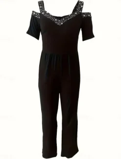 Sale Women's Normal Jumpsuit Elegant Geometric Short Sleeve Wide Leg V Neck Patchwork High Waist Party Work Regular Fit Black Wine Blue Summer Women Graphic Jumpsuit