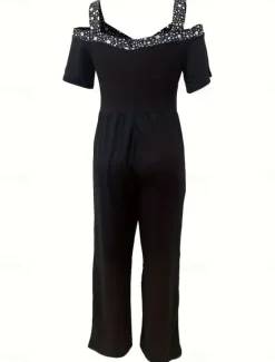 Sale Women's Normal Jumpsuit Elegant Geometric Short Sleeve Wide Leg V Neck Patchwork High Waist Party Work Regular Fit Black Wine Blue Summer Women Graphic Jumpsuit