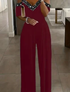 Sale Women's Normal Jumpsuit Elegant Geometric Short Sleeve Wide Leg V Neck Patchwork High Waist Party Work Regular Fit Black Wine Blue Summer Women Graphic Jumpsuit