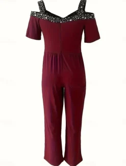 Sale Women's Normal Jumpsuit Elegant Geometric Short Sleeve Wide Leg V Neck Patchwork High Waist Party Work Regular Fit Black Wine Blue Summer Women Graphic Jumpsuit