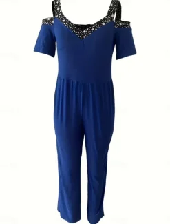 Sale Women's Normal Jumpsuit Elegant Geometric Short Sleeve Wide Leg V Neck Patchwork High Waist Party Work Regular Fit Black Wine Blue Summer Women Graphic Jumpsuit