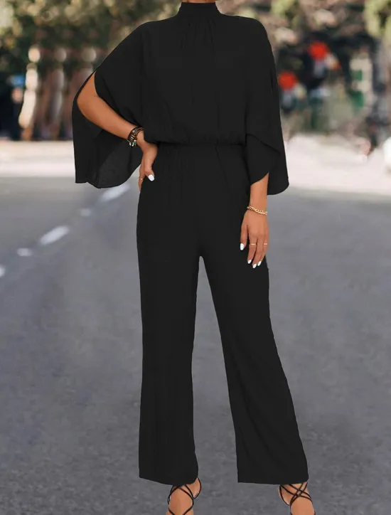 Best Women's Normal Jumpsuit Elegant Solid Color 3/4 Length Sleeve Stand Collar High Waist Wedding Vacation Regular Fit Black Green Fall Women Jumpsuits