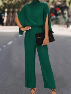 Best Women's Normal Jumpsuit Elegant Solid Color 3/4 Length Sleeve Stand Collar High Waist Wedding Vacation Regular Fit Black Green Fall Women Jumpsuits