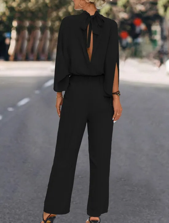 Best Women's Normal Jumpsuit Elegant Solid Color 3/4 Length Sleeve Stand Collar High Waist Wedding Vacation Regular Fit Black Green Fall Women Jumpsuits