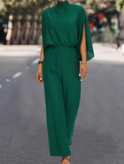Best Women's Normal Jumpsuit Elegant Solid Color 3/4 Length Sleeve Stand Collar High Waist Wedding Vacation Regular Fit Black Green Fall Women Jumpsuits