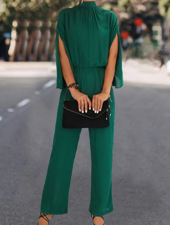 Best Women's Normal Jumpsuit Elegant Solid Color 3/4 Length Sleeve Stand Collar High Waist Wedding Vacation Regular Fit Black Green Fall Women Jumpsuits