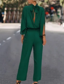 Best Women's Normal Jumpsuit Elegant Solid Color 3/4 Length Sleeve Stand Collar High Waist Wedding Vacation Regular Fit Black Green Fall Women Jumpsuits