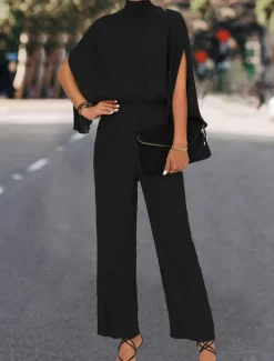 Best Women's Normal Jumpsuit Elegant Solid Color 3/4 Length Sleeve Stand Collar High Waist Wedding Vacation Regular Fit Black Green Fall Women Jumpsuits