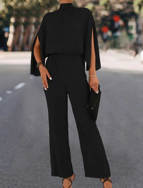 Best Women's Normal Jumpsuit Elegant Solid Color 3/4 Length Sleeve Stand Collar High Waist Wedding Vacation Regular Fit Black Green Fall Women Jumpsuits
