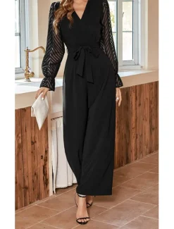 Outlet Women's Normal Jumpsuit Elegant Solid Color Long Sleeve Wide Leg V Neck Mesh Patchwork Office Work Slim Fall Women Jumpsuits