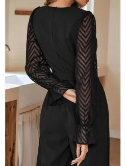 Outlet Women's Normal Jumpsuit Elegant Solid Color Long Sleeve Wide Leg V Neck Mesh Patchwork Office Work Slim Fall Women Jumpsuits