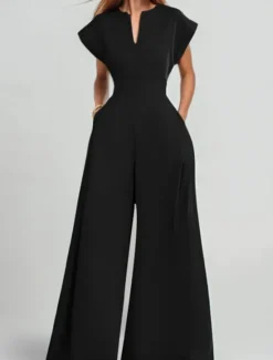 Clearance Women's Normal Jumpsuit Elegant Solid Color Short Sleeve V Neck Pocket High Waist Vacation Daily Regular Fit Black Blue Summer Women Jumpsuits|Graphic Jumpsuit