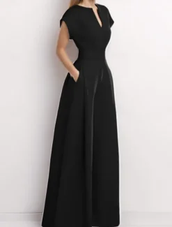 Clearance Women's Normal Jumpsuit Elegant Solid Color Short Sleeve V Neck Pocket High Waist Vacation Daily Regular Fit Black Blue Summer Women Jumpsuits|Graphic Jumpsuit
