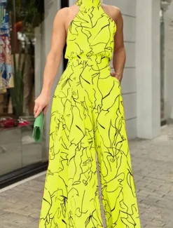 Sale Women's Normal Jumpsuit Elegant Striped Sleeveless Stand Collar Pocket Print Wedding Party Regular Fit Black White Yellow Summer Women Jumpsuits
