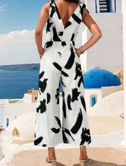 Clearance Women's Normal Jumpsuit Elegant Graphic Sleeveless V Neck Print Work Street Regular Fit Summer Women Jumpsuits|Graphic Jumpsuit
