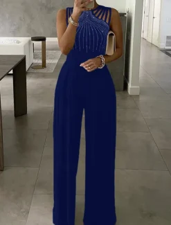 New Women's Normal Jumpsuit Elegant Solid Color Sleeveless Round Neck High Waist Cut Out Wedding Party Slim Black Red Fall Women Jumpsuits