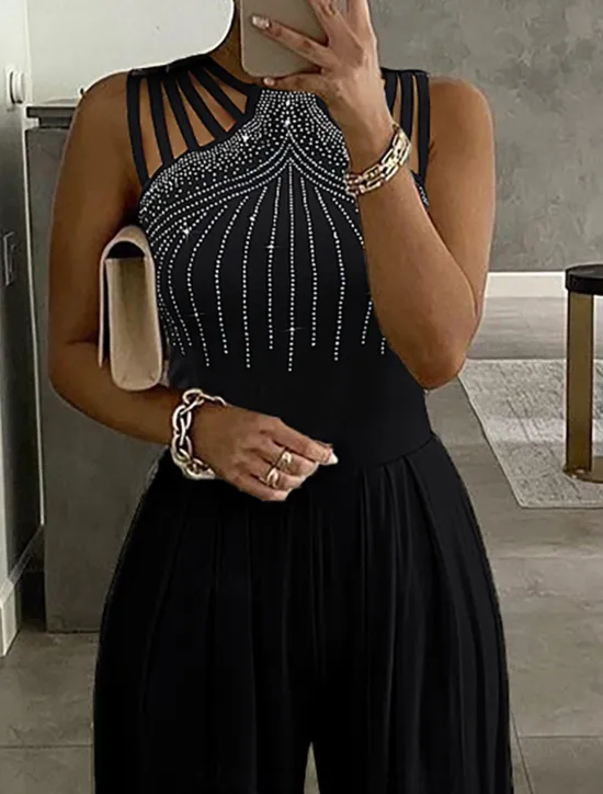 New Women's Normal Jumpsuit Elegant Solid Color Sleeveless Round Neck High Waist Cut Out Wedding Party Slim Black Red Fall Women Jumpsuits