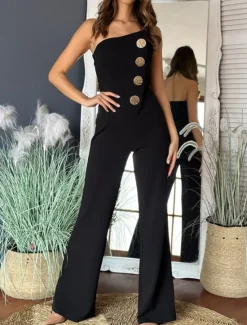 Hot Women's Normal Jumpsuit Elegant Solid Color Sleeveless Wide Leg Strapless Buttons Daily Regular Fit Black White Red Summer Women Jumpsuits