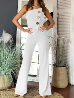 Hot Women's Normal Jumpsuit Elegant Solid Color Sleeveless Wide Leg Strapless Buttons Daily Regular Fit Black White Red Summer Women Jumpsuits