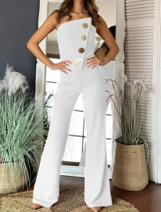 Hot Women's Normal Jumpsuit Elegant Solid Color Sleeveless Wide Leg Strapless Buttons Daily Regular Fit Black White Red Summer Women Jumpsuits
