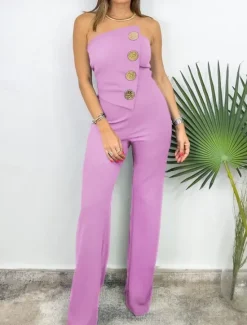 Hot Women's Normal Jumpsuit Elegant Solid Color Sleeveless Wide Leg Strapless Buttons Daily Regular Fit Black White Red Summer Women Jumpsuits