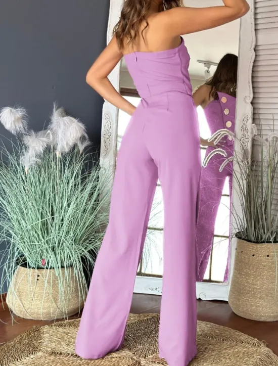Hot Women's Normal Jumpsuit Elegant Solid Color Sleeveless Wide Leg Strapless Buttons Daily Regular Fit Black White Red Summer Women Jumpsuits