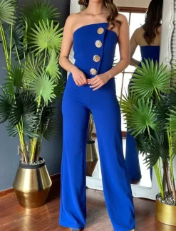 Hot Women's Normal Jumpsuit Elegant Solid Color Sleeveless Wide Leg Strapless Buttons Daily Regular Fit Black White Red Summer Women Jumpsuits
