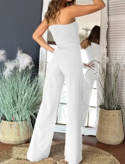Hot Women's Normal Jumpsuit Elegant Solid Color Sleeveless Wide Leg Strapless Buttons Daily Regular Fit Black White Red Summer Women Jumpsuits