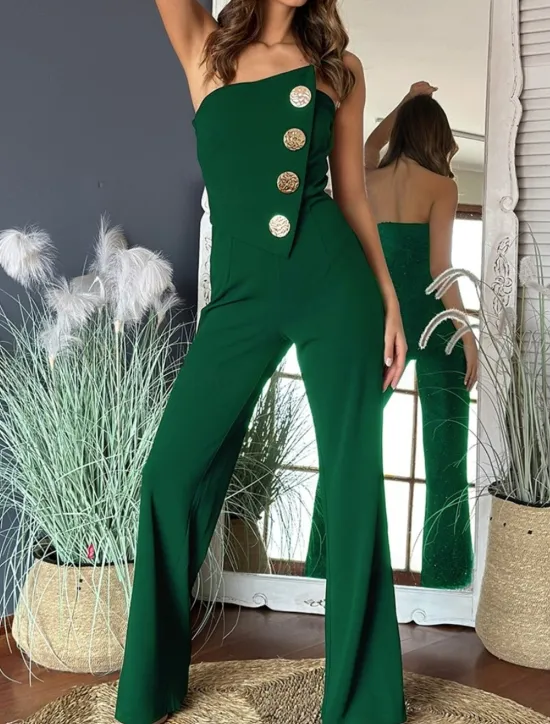 Hot Women's Normal Jumpsuit Elegant Solid Color Sleeveless Wide Leg Strapless Buttons Daily Regular Fit Black White Red Summer Women Jumpsuits