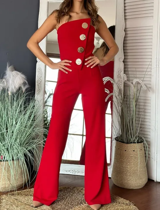 Hot Women's Normal Jumpsuit Elegant Solid Color Sleeveless Wide Leg Strapless Buttons Daily Regular Fit Black White Red Summer Women Jumpsuits