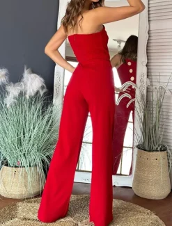 Hot Women's Normal Jumpsuit Elegant Solid Color Sleeveless Wide Leg Strapless Buttons Daily Regular Fit Black White Red Summer Women Jumpsuits