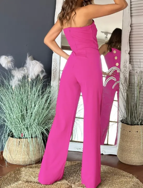 Hot Women's Normal Jumpsuit Elegant Solid Color Sleeveless Wide Leg Strapless Buttons Daily Regular Fit Black White Red Summer Women Jumpsuits