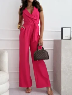Online Women's Normal Jumpsuit Elegant Solid Color Sleeveless Straight V Neck Pocket Daily Regular Fit Black White Fuchsia Summer Women Jumpsuits