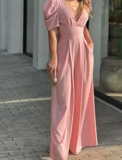 Sale Women's Normal Jumpsuit Elegant Solid Color Short Sleeve V Neck Backless Pocket Street Daily Regular Fit Black Yellow Light Green Summer Women Jumpsuits