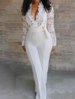 Discount Women's Normal Jumpsuit Elegant Solid Color Long Sleeve V Neck Lace High Waist Wedding Party Regular Fit Summer Women Jumpsuits