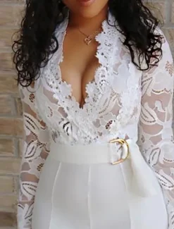 Discount Women's Normal Jumpsuit Elegant Solid Color Long Sleeve V Neck Lace High Waist Wedding Party Regular Fit Summer Women Jumpsuits