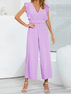 Hot Women's Normal Jumpsuit Elegant Solid Color Sleeveless V Neck Ruffle High Waist Street Daily Regular Fit Black White Blue Summer Women Jumpsuits