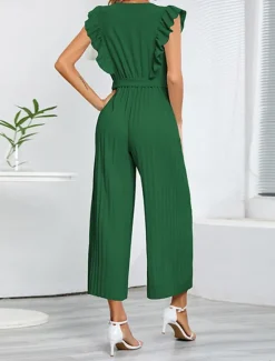 Hot Women's Normal Jumpsuit Elegant Solid Color Sleeveless V Neck Ruffle High Waist Street Daily Regular Fit Black White Blue Summer Women Jumpsuits