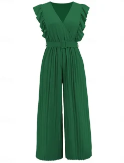 Hot Women's Normal Jumpsuit Elegant Solid Color Sleeveless V Neck Ruffle High Waist Street Daily Regular Fit Black White Blue Summer Women Jumpsuits