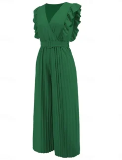 Hot Women's Normal Jumpsuit Elegant Solid Color Sleeveless V Neck Ruffle High Waist Street Daily Regular Fit Black White Blue Summer Women Jumpsuits