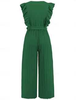 Hot Women's Normal Jumpsuit Elegant Solid Color Sleeveless V Neck Ruffle High Waist Street Daily Regular Fit Black White Blue Summer Women Jumpsuits