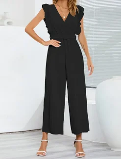 Hot Women's Normal Jumpsuit Elegant Solid Color Sleeveless V Neck Ruffle High Waist Street Daily Regular Fit Black White Blue Summer Women Jumpsuits