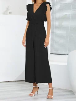 Hot Women's Normal Jumpsuit Elegant Solid Color Sleeveless V Neck Ruffle High Waist Street Daily Regular Fit Black White Blue Summer Women Jumpsuits
