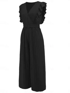 Hot Women's Normal Jumpsuit Elegant Solid Color Sleeveless V Neck Ruffle High Waist Street Daily Regular Fit Black White Blue Summer Women Jumpsuits
