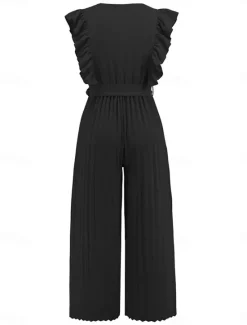 Hot Women's Normal Jumpsuit Elegant Solid Color Sleeveless V Neck Ruffle High Waist Street Daily Regular Fit Black White Blue Summer Women Jumpsuits