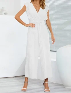 Hot Women's Normal Jumpsuit Elegant Solid Color Sleeveless V Neck Ruffle High Waist Street Daily Regular Fit Black White Blue Summer Women Jumpsuits