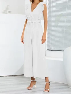 Hot Women's Normal Jumpsuit Elegant Solid Color Sleeveless V Neck Ruffle High Waist Street Daily Regular Fit Black White Blue Summer Women Jumpsuits