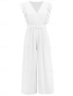Hot Women's Normal Jumpsuit Elegant Solid Color Sleeveless V Neck Ruffle High Waist Street Daily Regular Fit Black White Blue Summer Women Jumpsuits